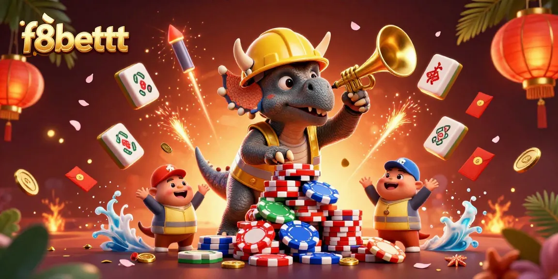 Experience the excitement with f8bettt as the triceratops builds a poker chip pyramid amidst colorful casino elements.
