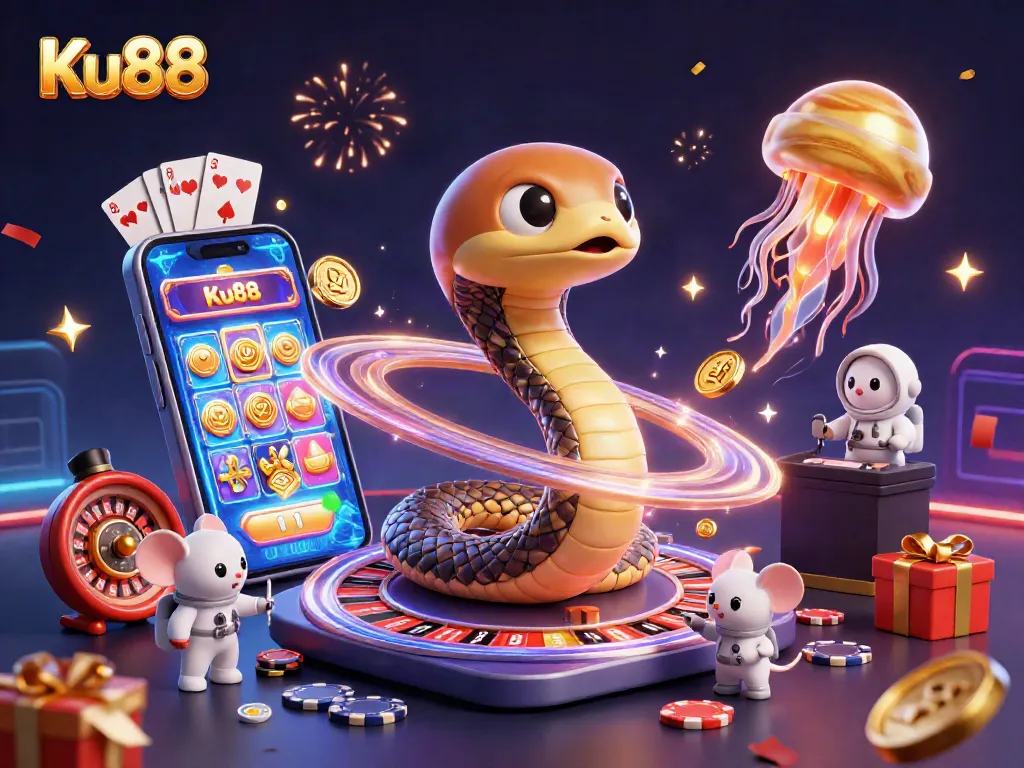 Experience thrilling bets at Ku88 with a cosmic casino scene featuring a 3D snake roulette wheel and mice gamblers!