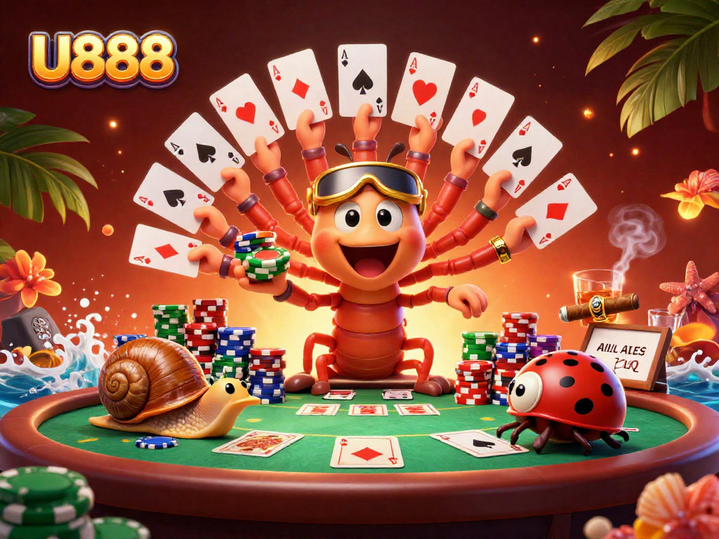 Action-packed illustration of U888 casino characters dealing cards and pushing chips in a vibrant gaming scene.