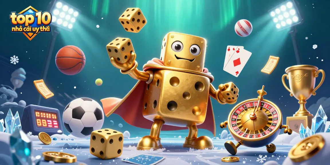 Engage with the top 10 nhà cái uy tín showcasing a vibrant 3D illustration of a golden dice golem juggling, surrounded by sports-themed elements.