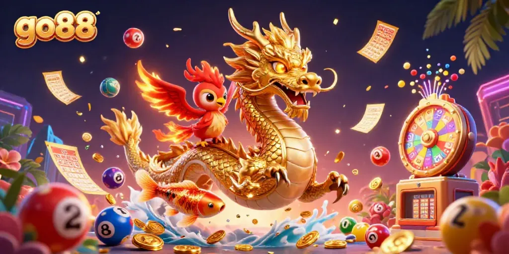Experience the vibrant excitement of go88 with a golden dragon, phoenix, and koi in a lively casino scene.