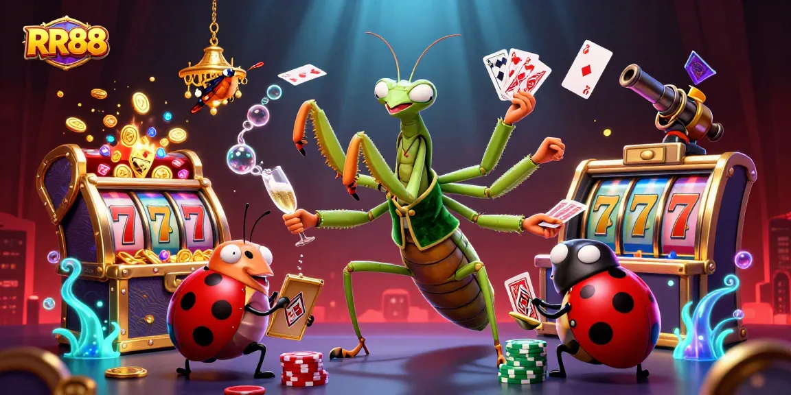 Experience RR88's vibrant casino scene with a giant mantis card sharp and ladybug pit boss surrounded by sparkling treasures.