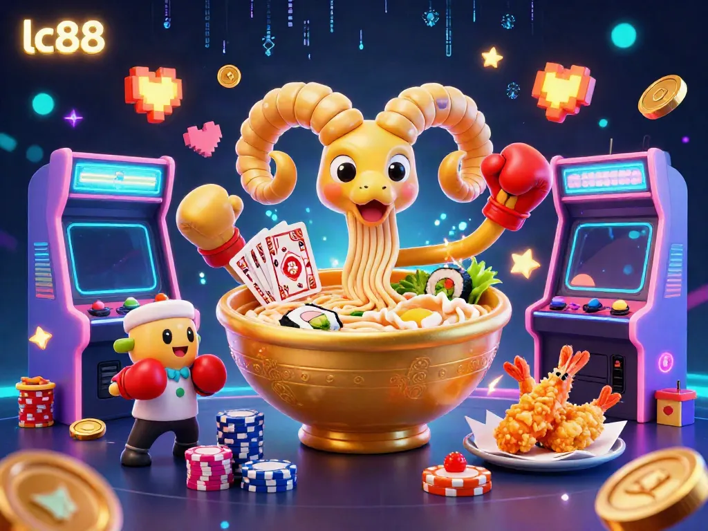 lc88 gaming scene features vibrant characters like a ramen bowl dealer and sushi roll alongside arcade machines.