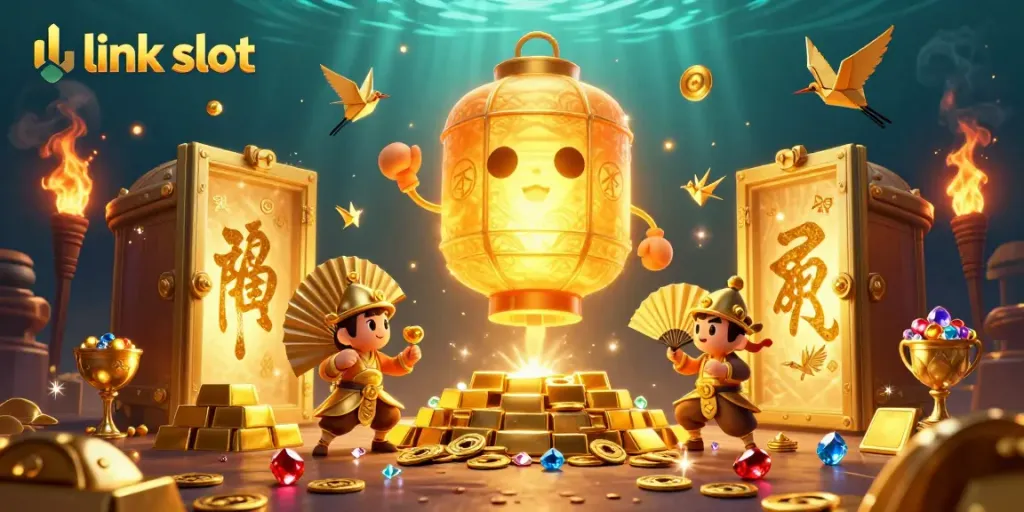 Engage in thrilling gameplay at link slot with a captivating 3D illustration of golden casino elements.