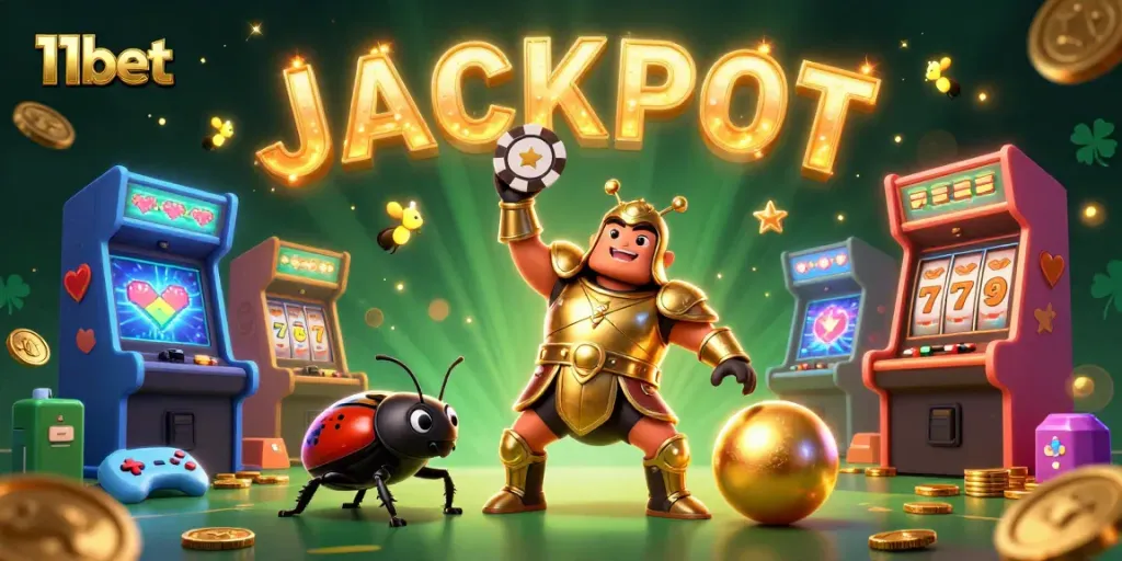 Engage in excitement with 11bet as a 3D hercules beetle champions a poker victory amidst dynamic casino elements.