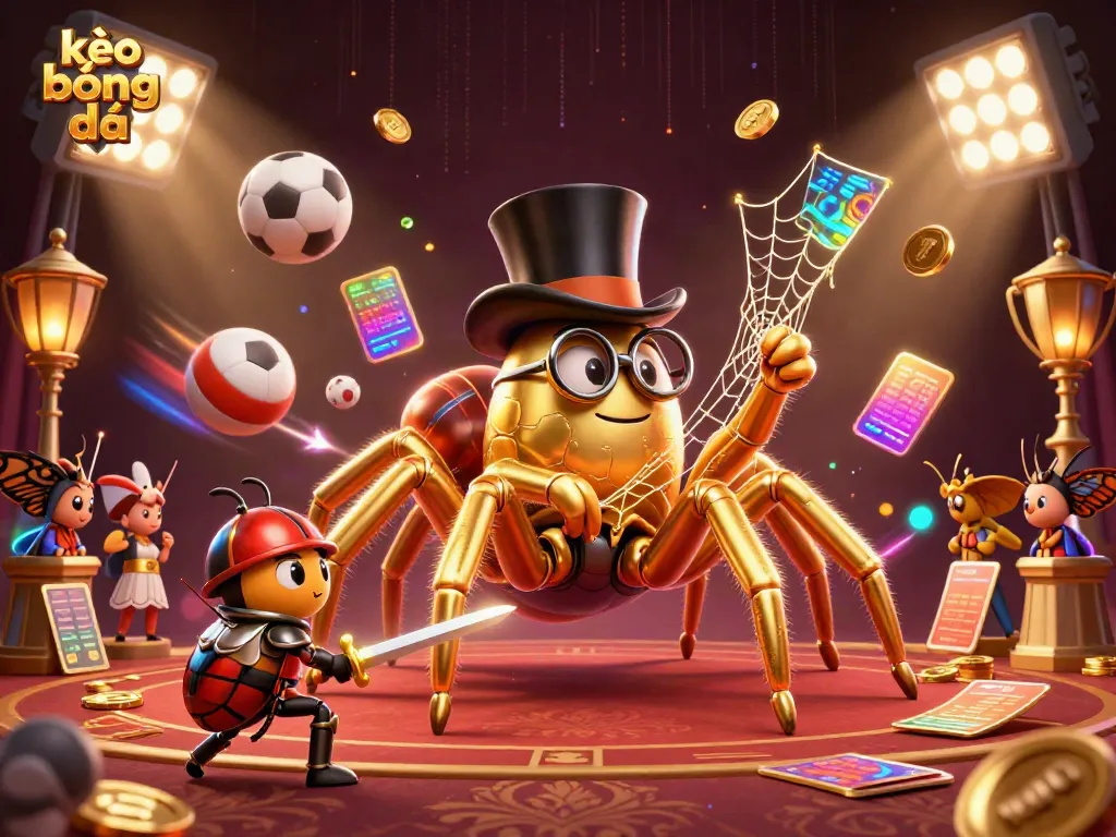 Engage with kèo bóng đá as golden spiders weave sports webs amidst lively spectators.
