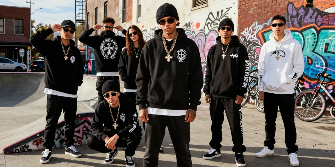 Models showcasing Chrome Hearts apparel and accessories in an urban street scene.