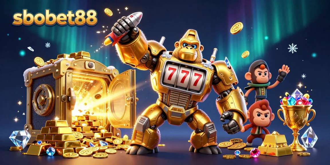 Experience the excitement of sbobet88 with this 3D illustration portraying a golden gorilla mech amidst treasures and gaming symbols.
