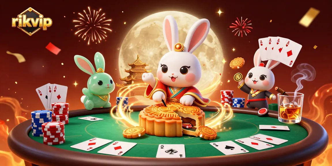 Experience thrilling poker action and festive vibes at rikvip with a moon rabbit and poker chips scene.