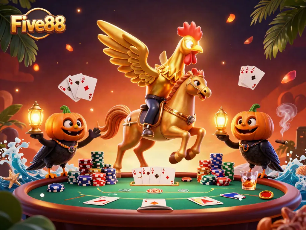 Experience dynamic gaming at Five88 with vibrant casino characters and rich poker elements alive in a midnight scene.