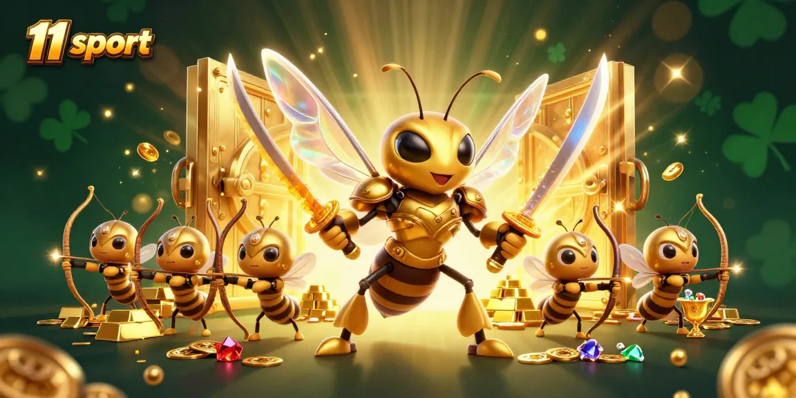 Experience thrilling 11 sport action with a vibrant illustration of an epic golden hornet and bee archers.