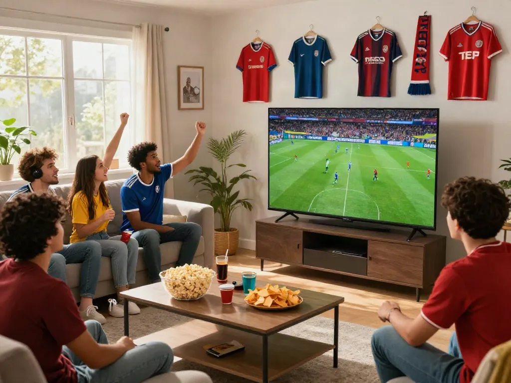 Fans engaging with Thapcamtv while watching live soccer in a vibrant living room setting.
