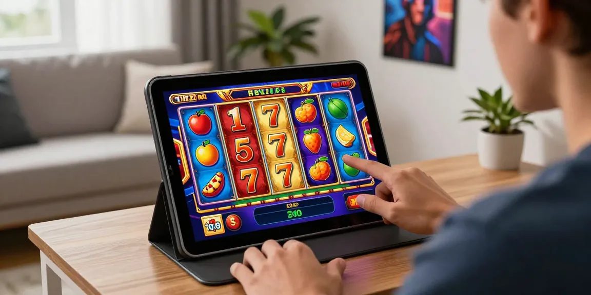 Person enjoying an online slot game on a tablet in a vibrant living room.