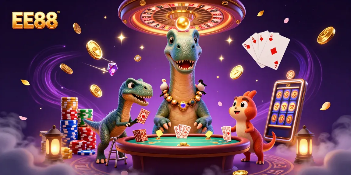 Experience EE88's vibrant casino scene with exciting game elements and engaging characters.
