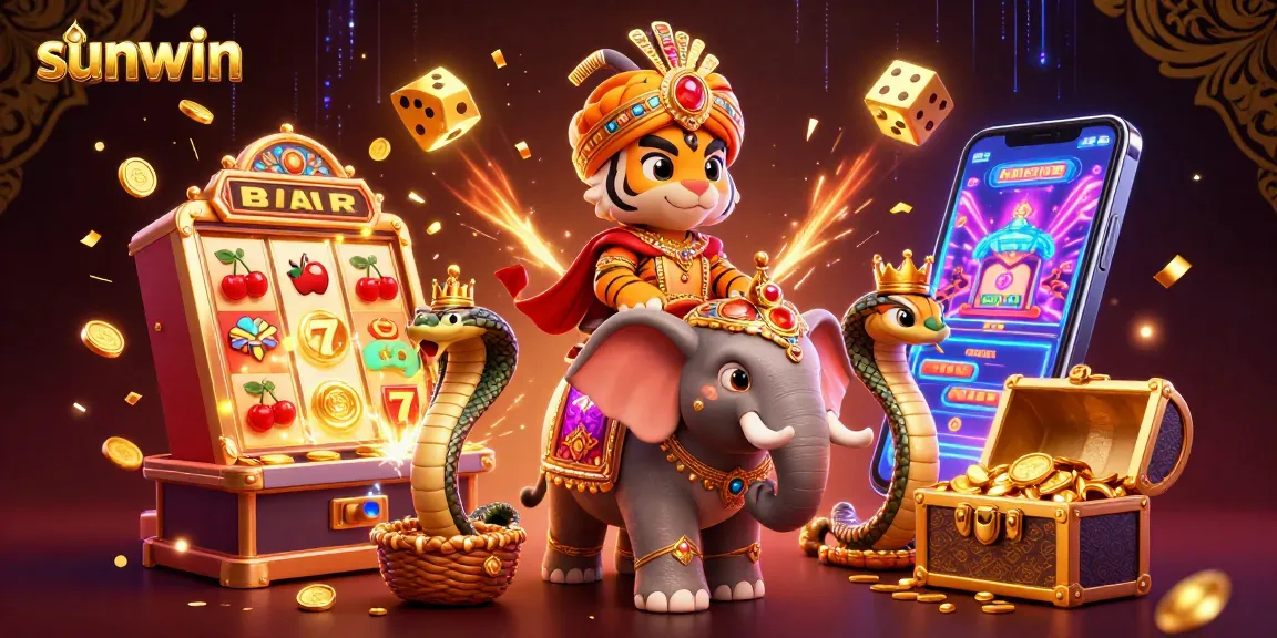 Experience the excitement of sunwin with a lively 3D illustration of a tiger maharaja and casino elements.