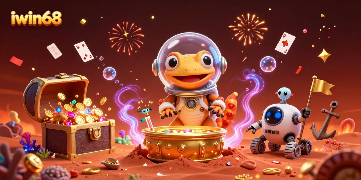 Engage with iwin68 in a colorful casino adventure featuring a gecko and its robot sidekick.