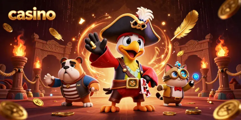 Engaging casino scene featuring a pirate captain parrot, bulldog, and cat amidst gold tokens and ember effects.