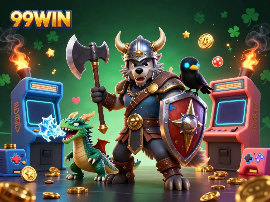 Experience thrilling gaming action with 99WIN featuring Viking warrior, dragon, and vibrant arcade elements.