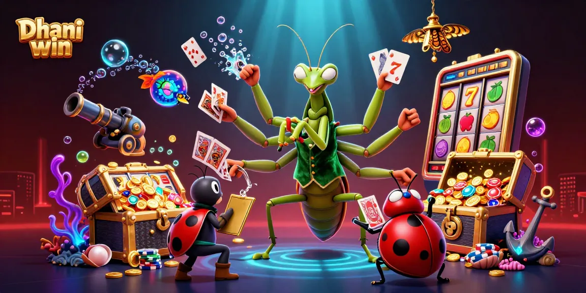 Dhani win card sharp and pit boss amidst slot game elements and underwater treasures.