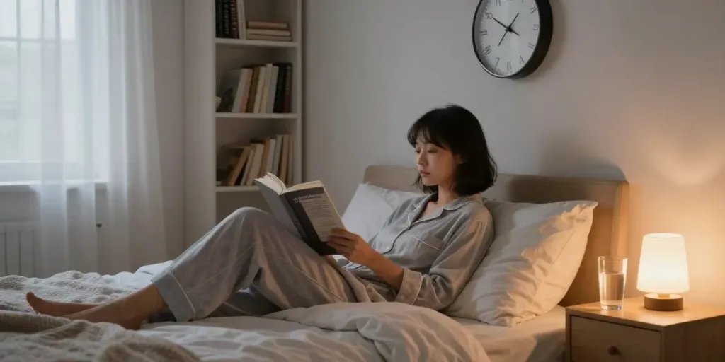 Buy Zopiclone UK: Relaxing bedtime scene with a person reading in a tranquil bedroom.