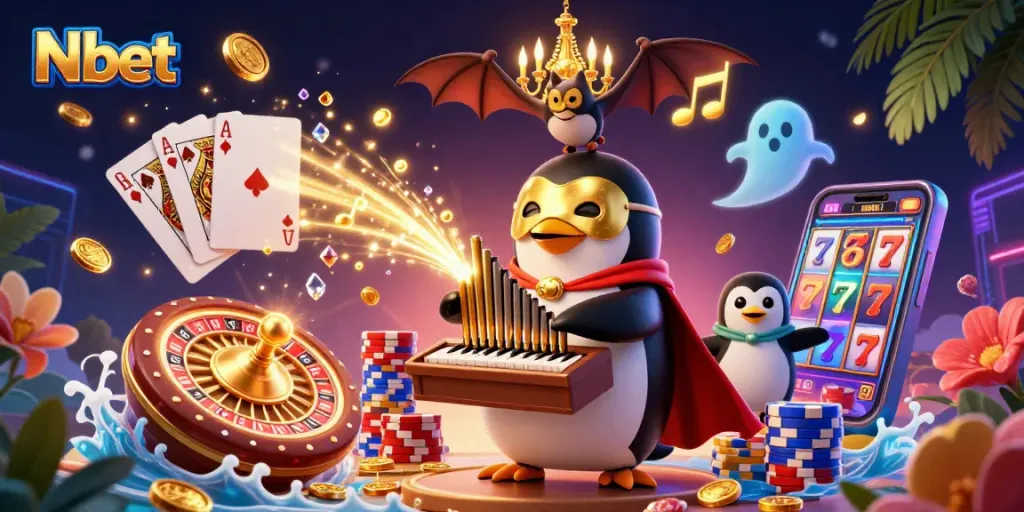 Nbet offers exciting gameplay with a vibrant casino scene featuring a penguin and lively characters.