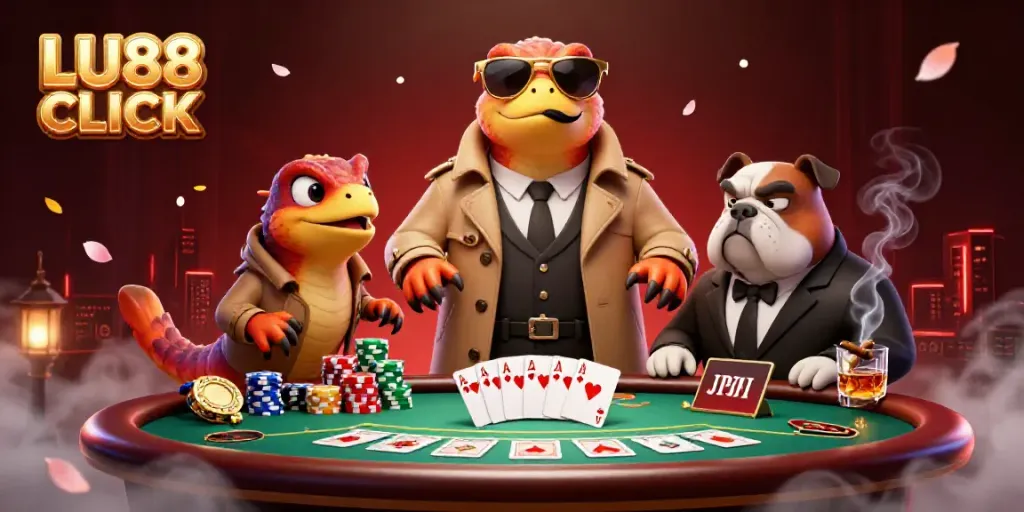 Experience LU88 CLICK with a vibrant casino scene as raptors and a bulldog bouncer engage in a dramatic poker atmosphere.