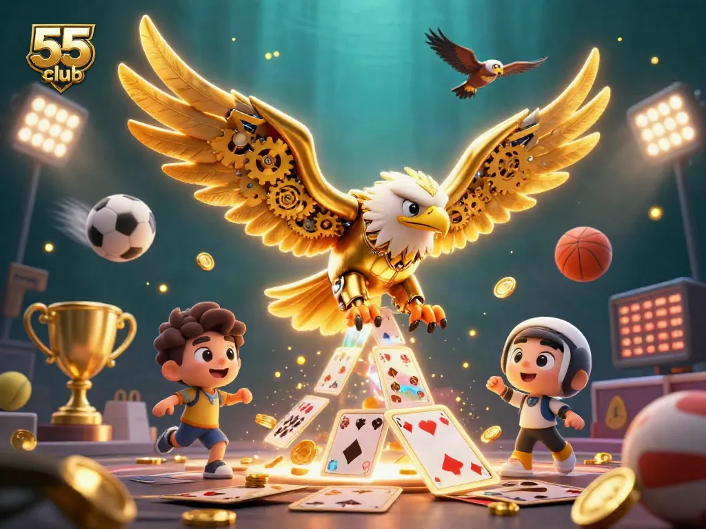 Engage in thrilling bets at 55 club with cybernetic eagle and vibrant sports elements