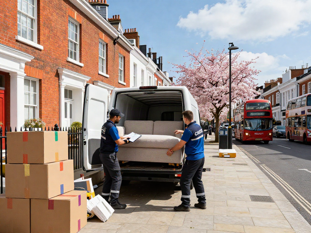 House removals London scene showing professional movers loading furniture into a van outside a classic townhouse.