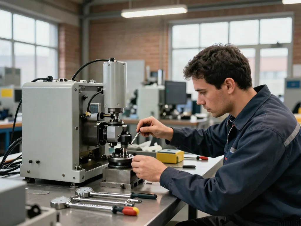 Technician calibrating a mechanical vacuum switch in an industrial workshop.