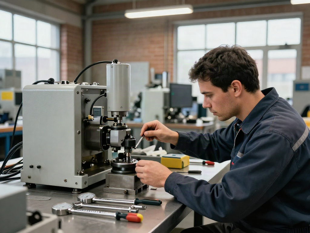 Technician calibrating a mechanical vacuum switch in an industrial workshop.