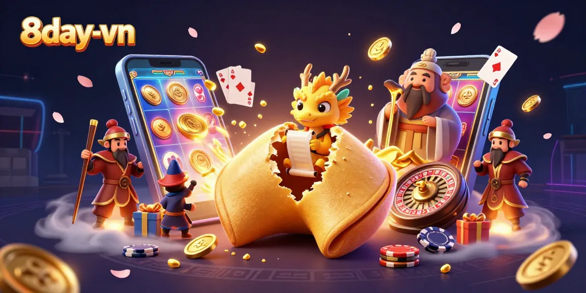Spin and win at 8day-vn with a vibrant casino illustration showcasing exciting slot games and golden treasures.