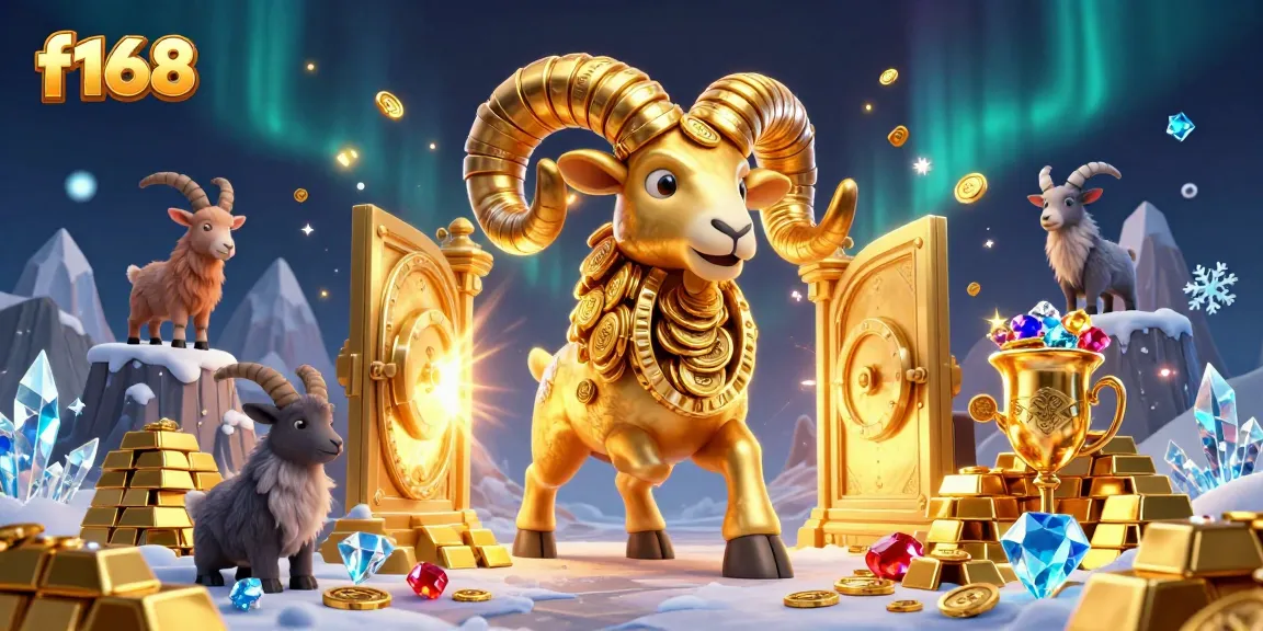 Experience the thrill of f168 with a dynamic 3D scene featuring a golden ram and treasure elements in action.