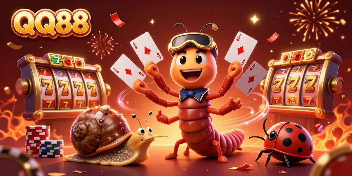 Try your luck at QQ88 as cartoon characters deal cards surrounded by vibrant casino elements.