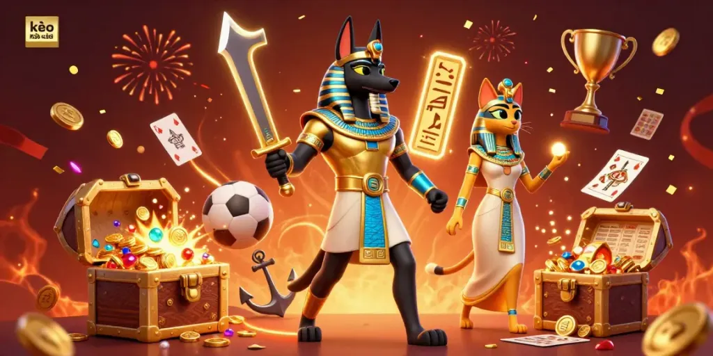 Experience kèo nhà cái gaming thrills with Anubis and Bastet amidst golden treasures and betting excitement.