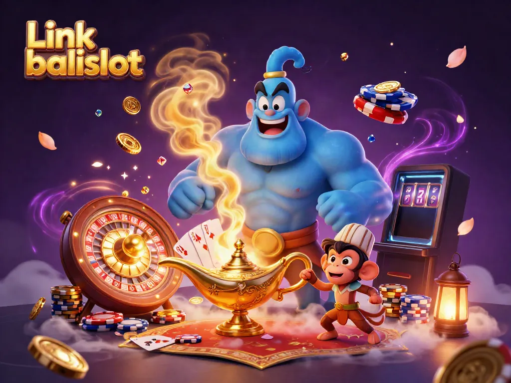 Experience excitement with Link balislot as the mighty genie bursts forth, surrounded by vibrant casino elements.