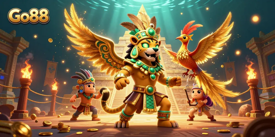 Experience thrilling gameplay at Go88 with vibrant characters, ancient motifs, and dynamic gaming elements.