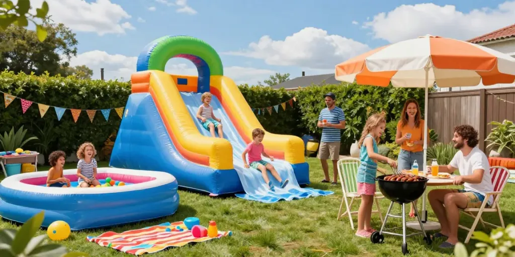Children having fun on a water slide during a sunny backyard barbeque.