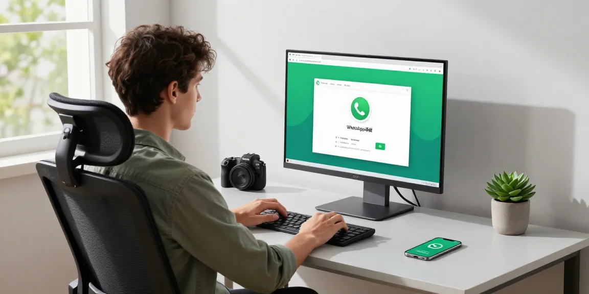 Using WhatsApp電腦版 in a modern home office setting with a sleek setup and natural light.
