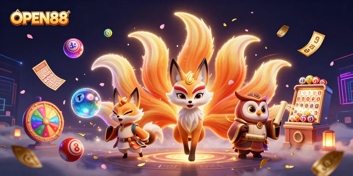 Experience thrilling gameplay at OPEN88 with a mystical fox and an owl sage amidst vibrant gambling elements.