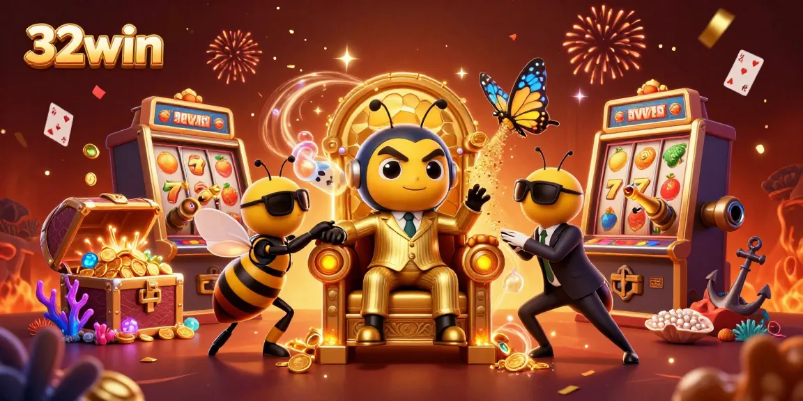 Experience the vibrant world of 32win with spinning slot machines and golden treasures.