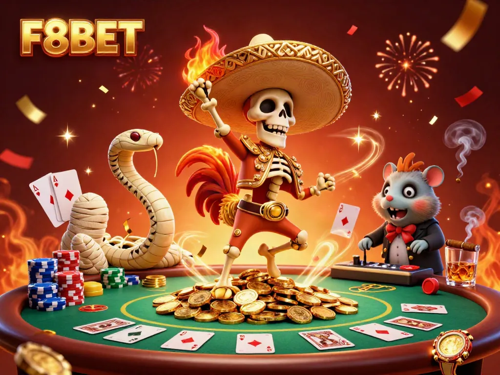 Celebrate big wins at F8BET Casino with vibrant 3D characters and dynamic gaming elements.
