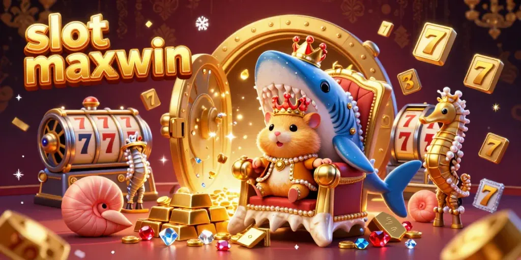 Experience a thrilling slot maxwin scene with a golden hamster king on a megalodon throne surrounded by riches.