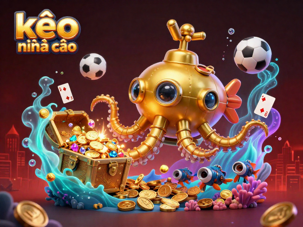 Engage with kèo nhà cái through vibrant 3D visuals showcasing sports betting excitement in a treasure-filled underwater scene.