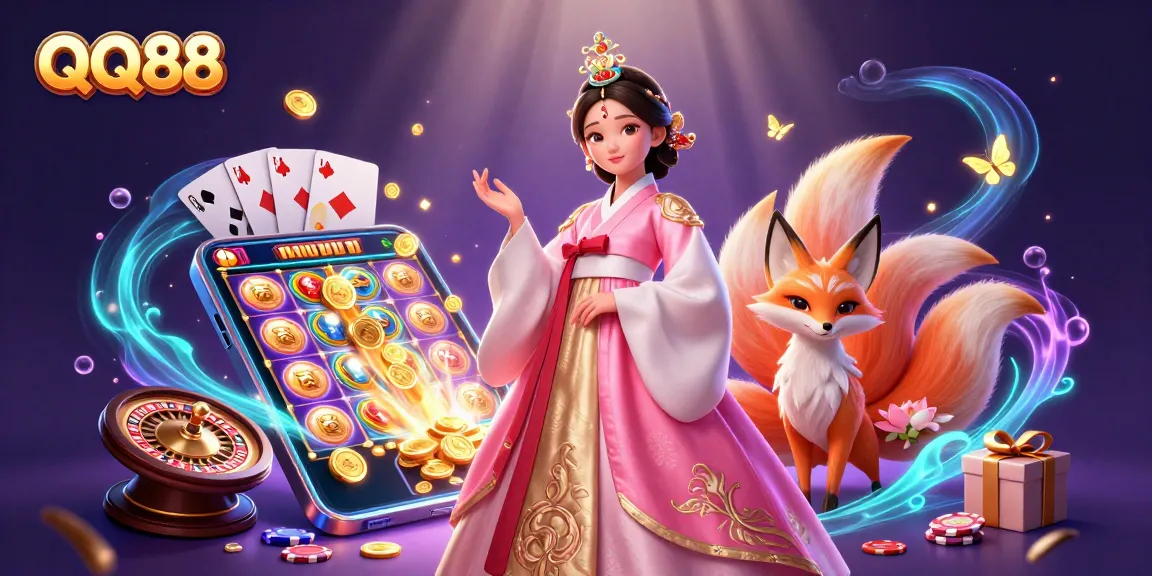 Spin the reels with QQ88's exciting slot games featured in a vibrant casino scene.