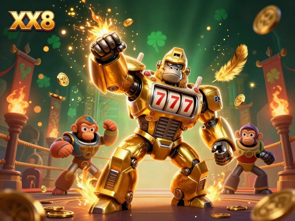 Experience thrilling action with XX 8's golden gorilla mech surrounded by casino elements.