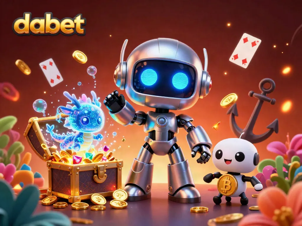dabet showcases a vibrant cyberpunk casino scene with robots and sparkling game elements, enhancing the gambling experience.