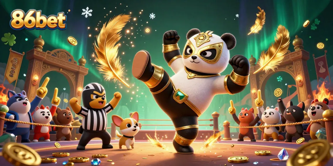 Watch 86bet's dynamic 3D scene of a wrestling panda and thrilling casino elements.