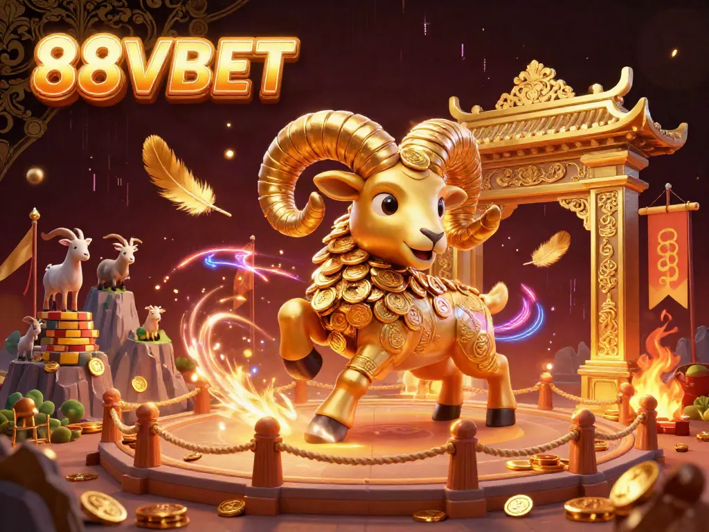Experience thrilling gambling action at 88VBET with a dynamic scene of a golden ram charging at a robust casino arena.