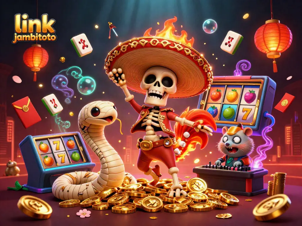 Win big with link jambitoto as a whimsical skeleton and friends celebrate amidst vibrant slot symbols.