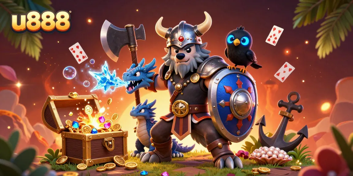 Engage in thrilling adventures with u888, featuring a Viking warrior, dragon, and treasure-rich environment.